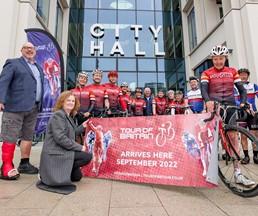 Tour of Britain two weeks to go - Cllr Linda Williams and Cllr Graeme Miller with 80 year old Eddie McGourley and members of the Houghton and Clarion Cycling Clubs