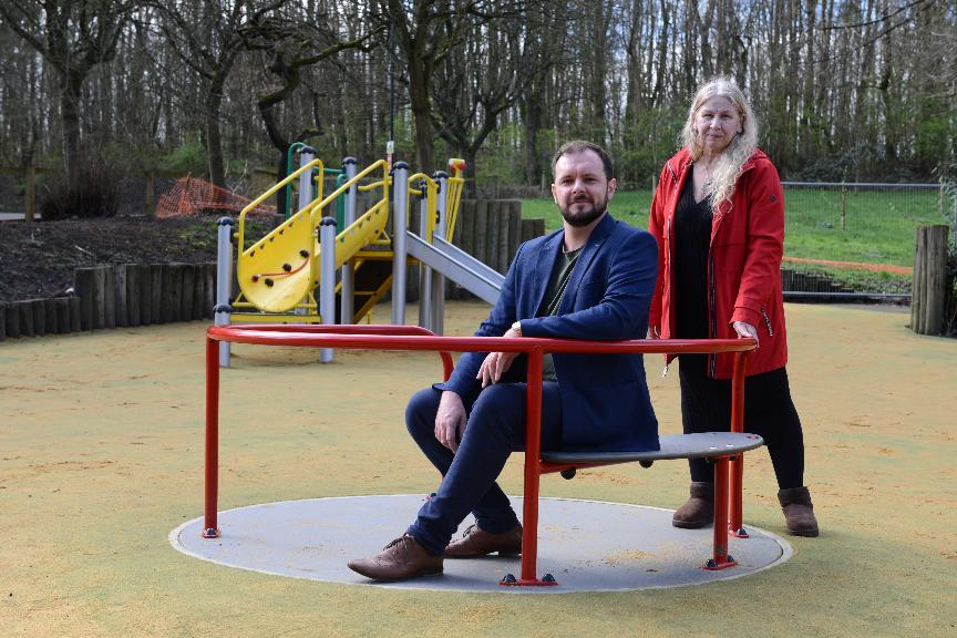 Fatfield play area makeover - Cllr Sean Laws and Cllr Fiona Miller at the upgraded play area