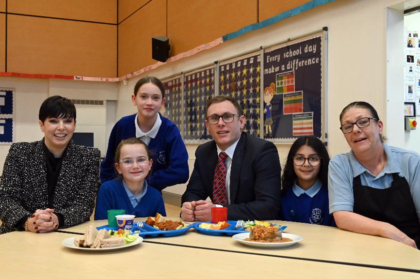 Kimberley Richardson, Together for Children's Director of Education, Cllr Michael Butler, Cabinet Member for Children's Services, Child Poverty and Skills at Sunderland City Council and Andrea Watson, Cook in Charge with pupils Lola Smith, Paris Wiseman a